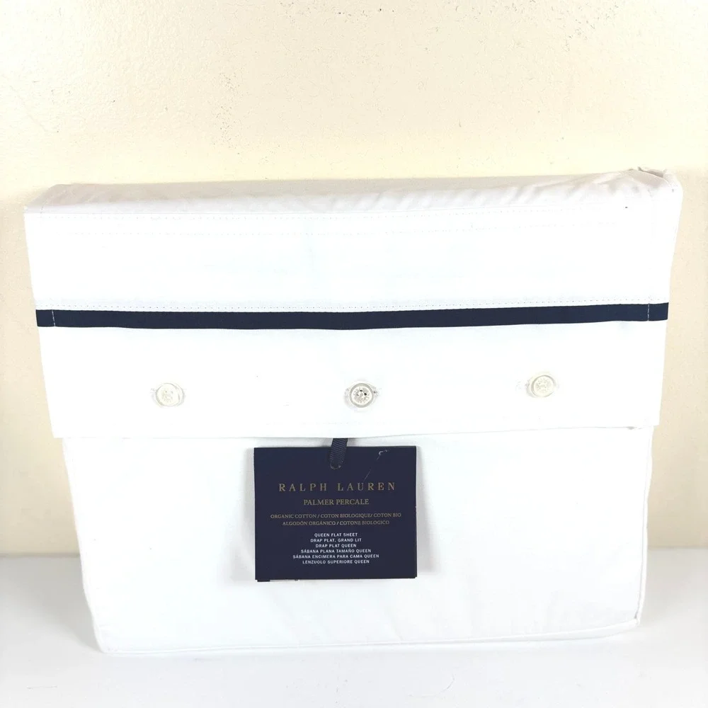 Ralph Lauren‎ Palmer Percale Queen Flat Sheet Polo Navy Trim Organic Cotton NEW